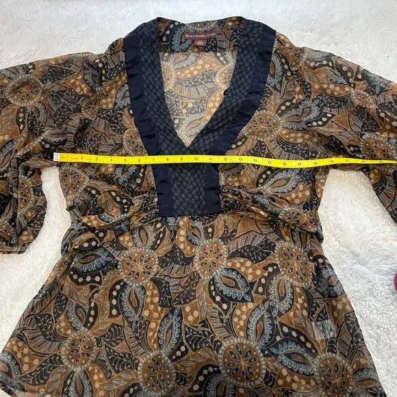 VTG Bandolino Womens Y2K Sz 14 Peasant Top Brown Blue Paisley Floral V NeckSheer - Picture 3 of 6